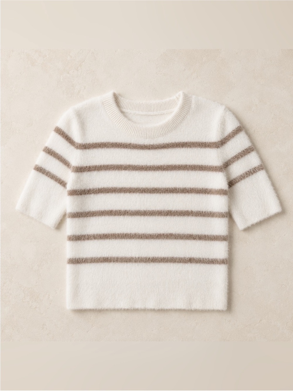 Bailey 44 White Crewneck Sweater with Taupe Stripes Medium